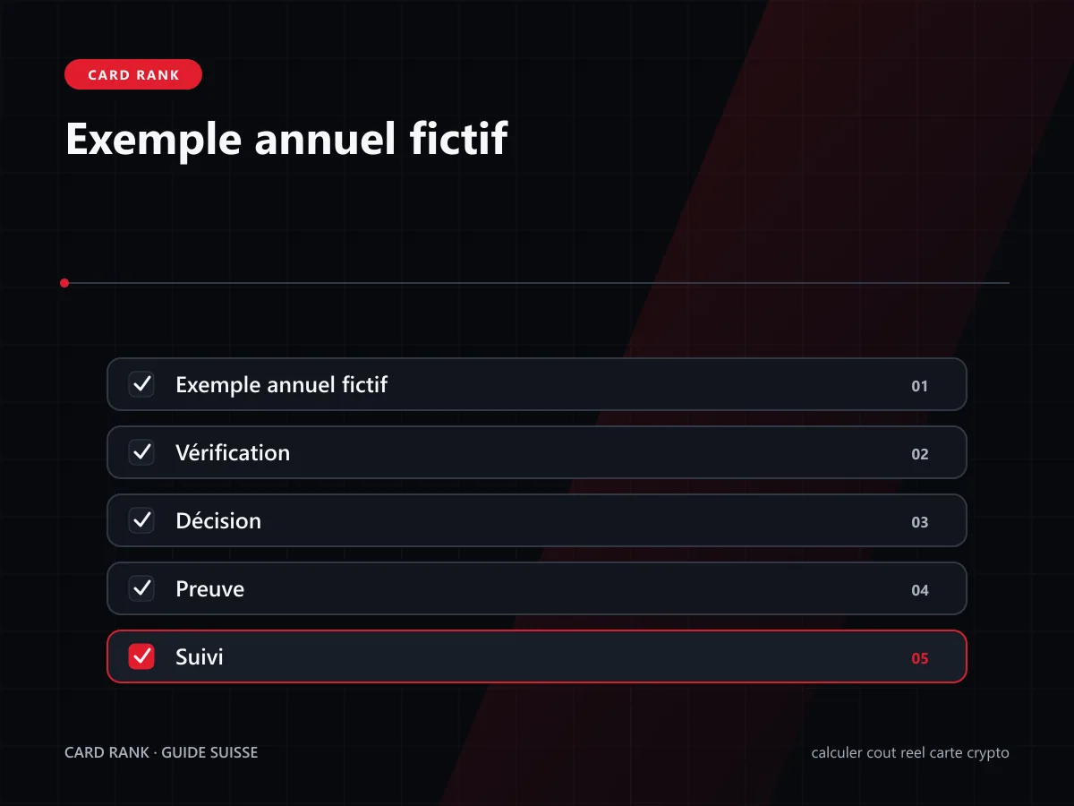 Tableau : exemple annuel fictif avec chaque poste en CHF
