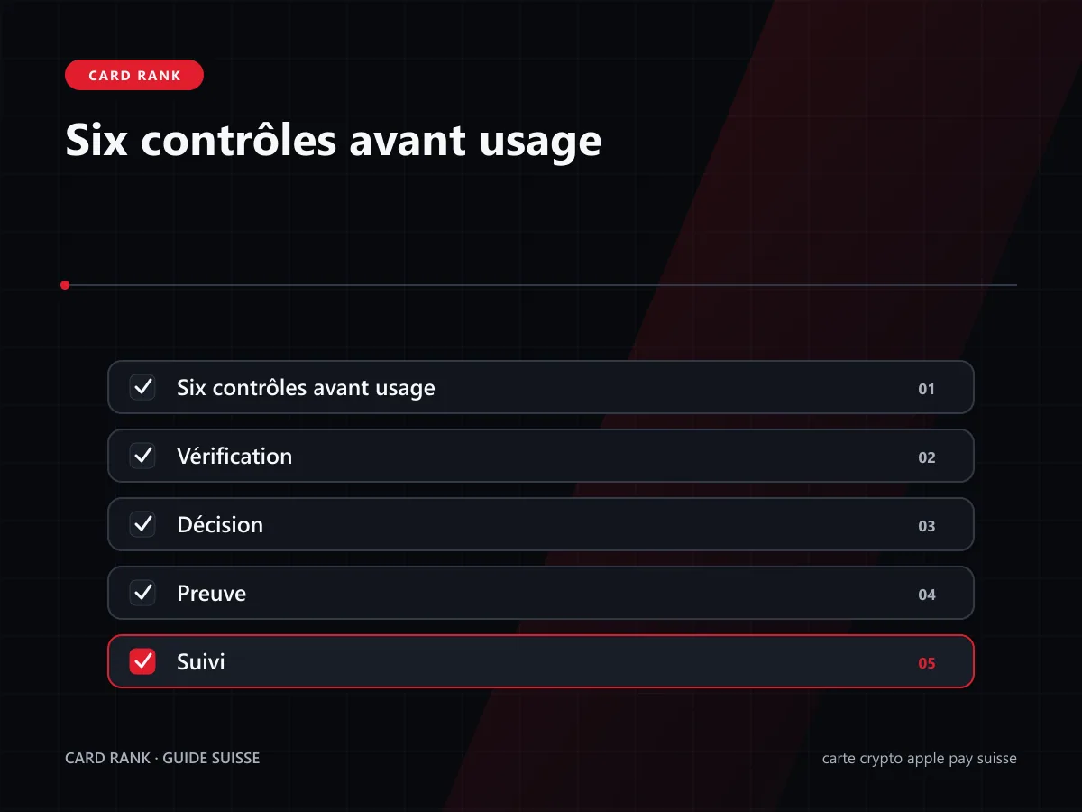 Checklist : sept contrôles Apple Pay pour une carte crypto en Suisse