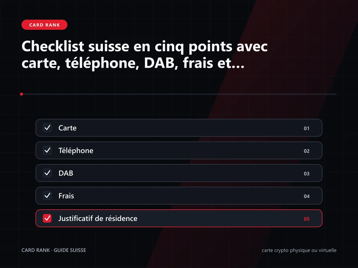 Illustration : checklist suisse avec carte, téléphone, DAB, frais et résidence