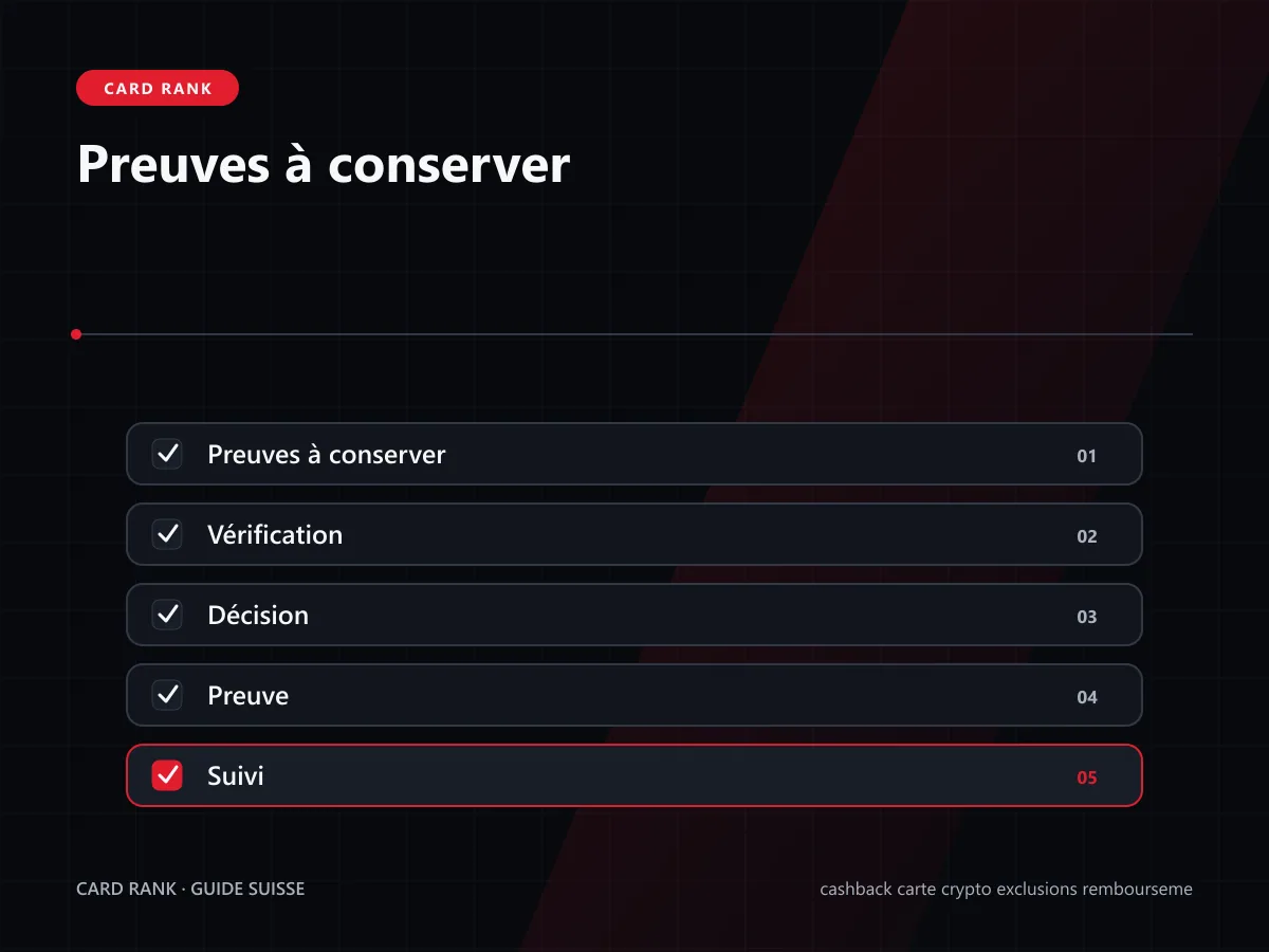 Checklist : date, montant, statut, règle et historique de récompense