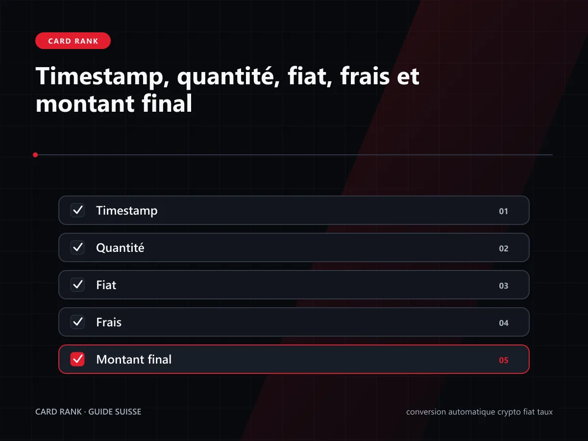 Fiche calcul : timestamp, quantité, fiat, frais et montant final