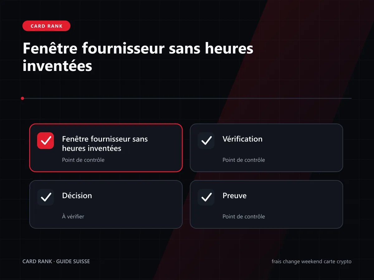 Chronologie : fenêtre fournisseur, fuseau et heure suisse sans taux inventé