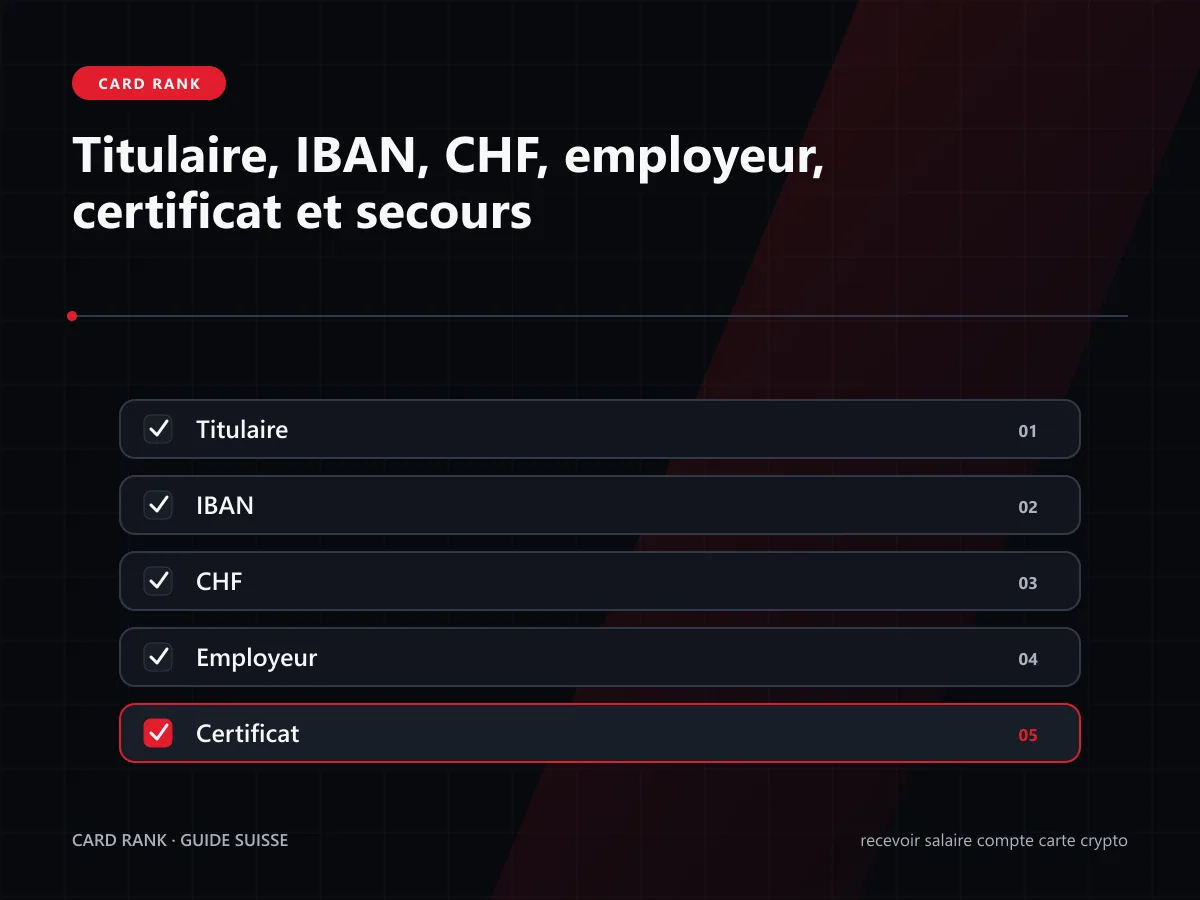 Checklist : titulaire, IBAN, CHF, employeur, certificat et secours
