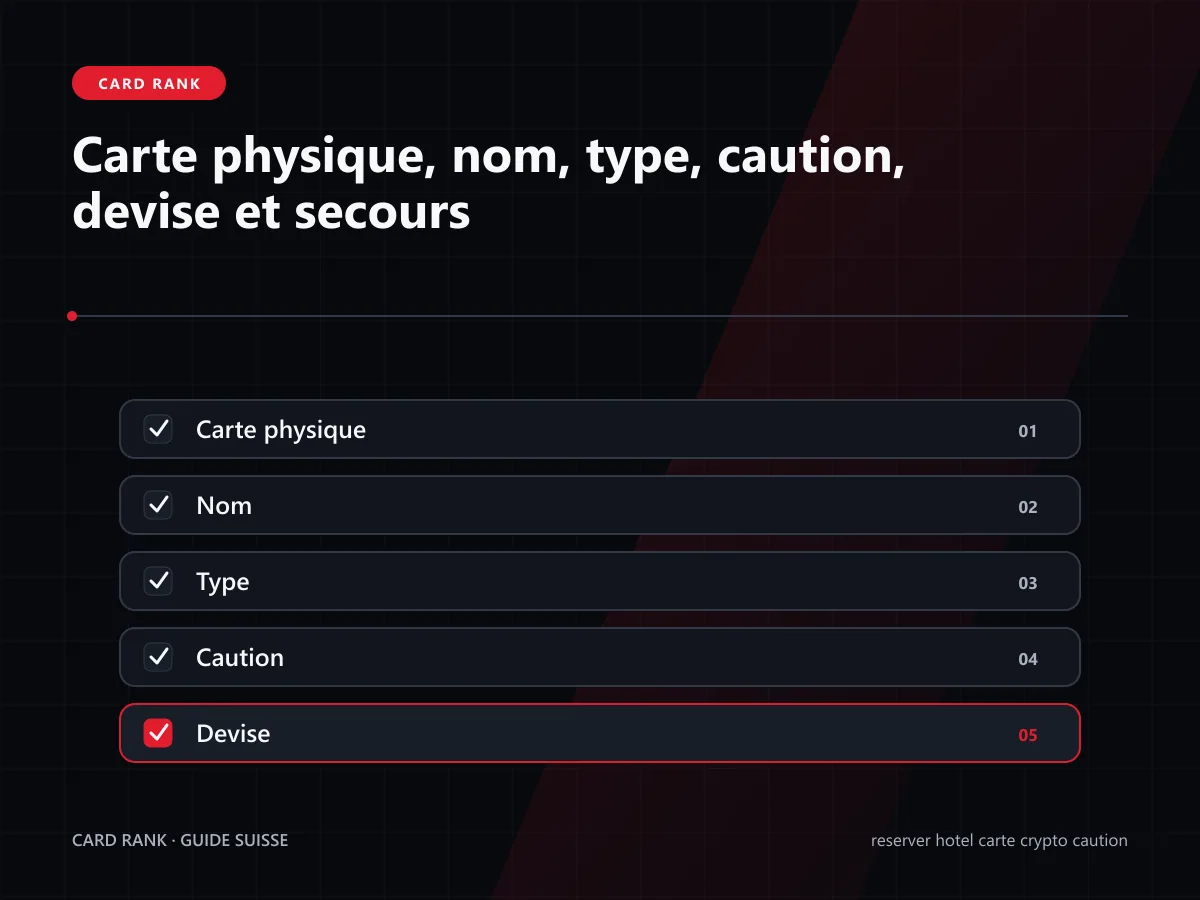 Checklist : carte physique, nom, type, caution, devise et secours