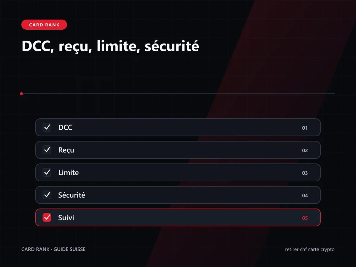 Checklist : DCC, reçu, limite, sécurité et carte gelée